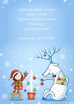 Cartão de natal com uma menina e uma rena
